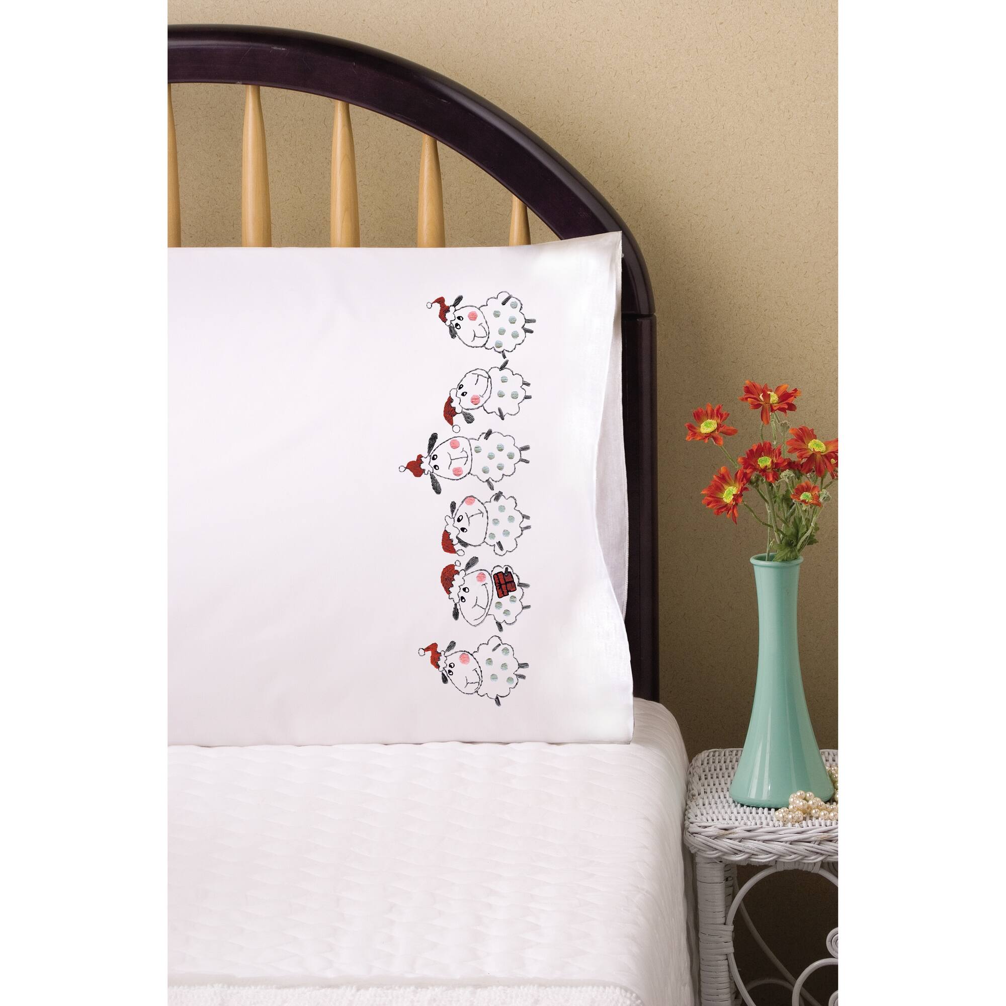 Tobin Christmas Sheep Stamped For Embroidery Pillowcase Pair